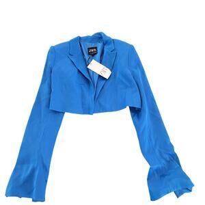 ZARA Cropped Blazer Jacket Blue Long Sleeve Open Front Women’s Size L NWT